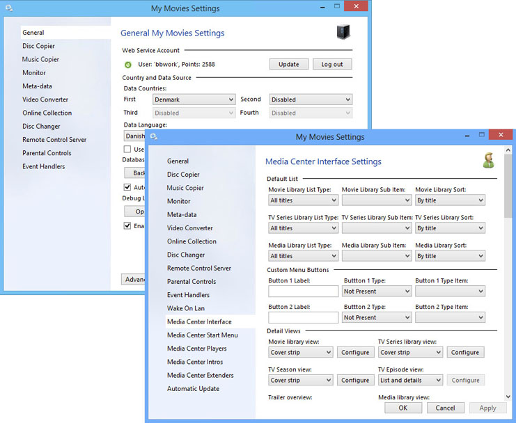The settings area in My Movies 5 now combines the functionality of our server solution product and the Windows Media Center product into one common configuration. The settings area automatically adjusts and contains fewer configuration options when Windows Media Center is not available on the device.